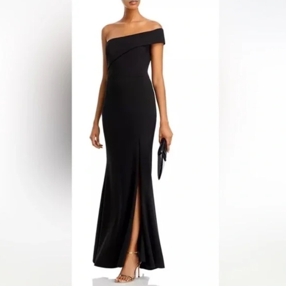 Bloomingdale’s Aqua Crepe Black Off Shoulder Gown